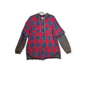 Oli & Hali Hooded Red Blue Plaid Shacket Brown Sleeves Distressed Hem Size S